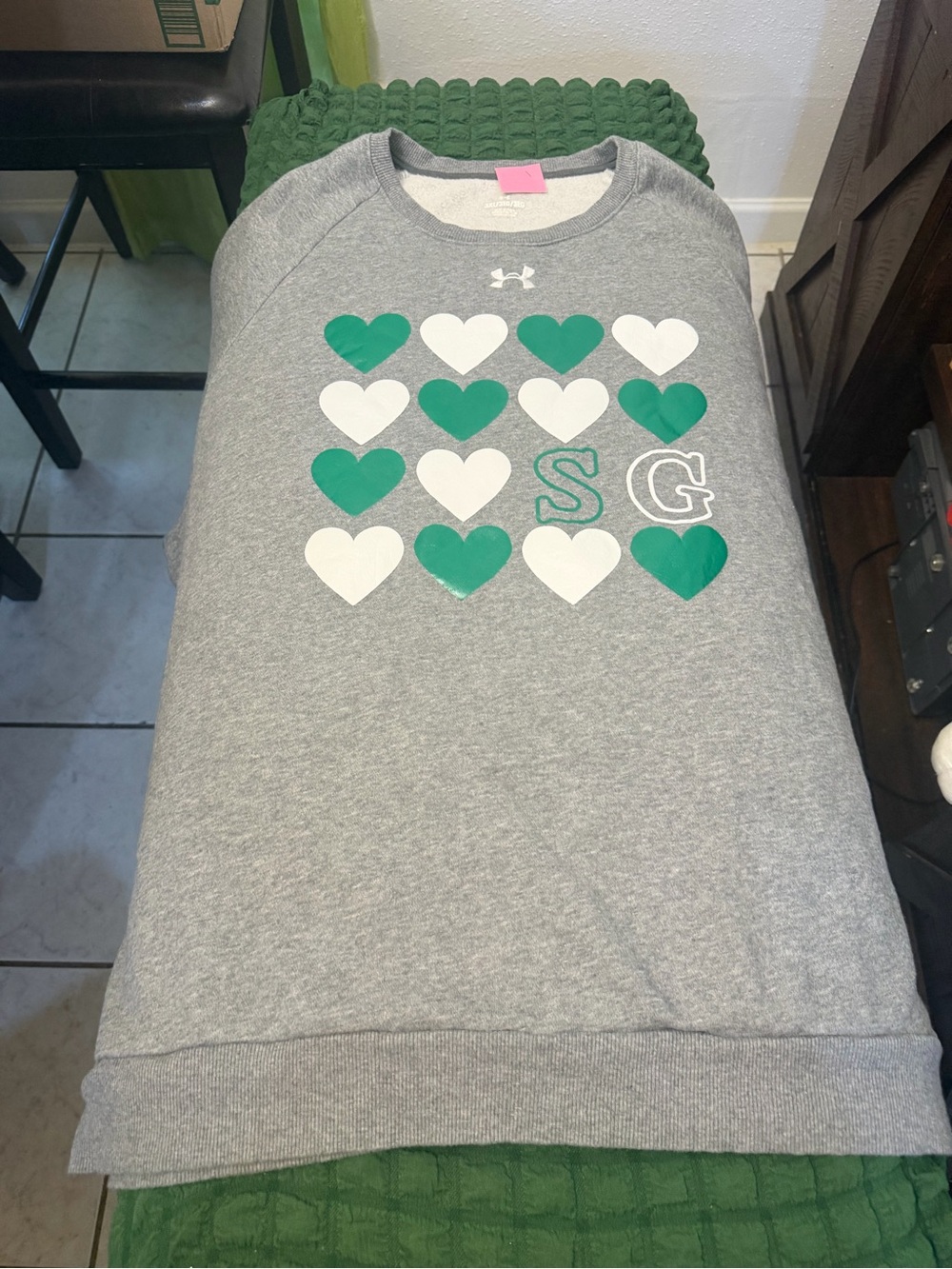 Under Armour Grey Pullover Sweatshirt with Green & White Heart Print
